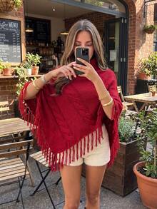 Women's Red Short High Neck Cable Knit Shawl, Tassel Decor, Asymmetrical Hem Short Sleeve Pullover Sweater, Street Fashion Essential - Red - View 1
