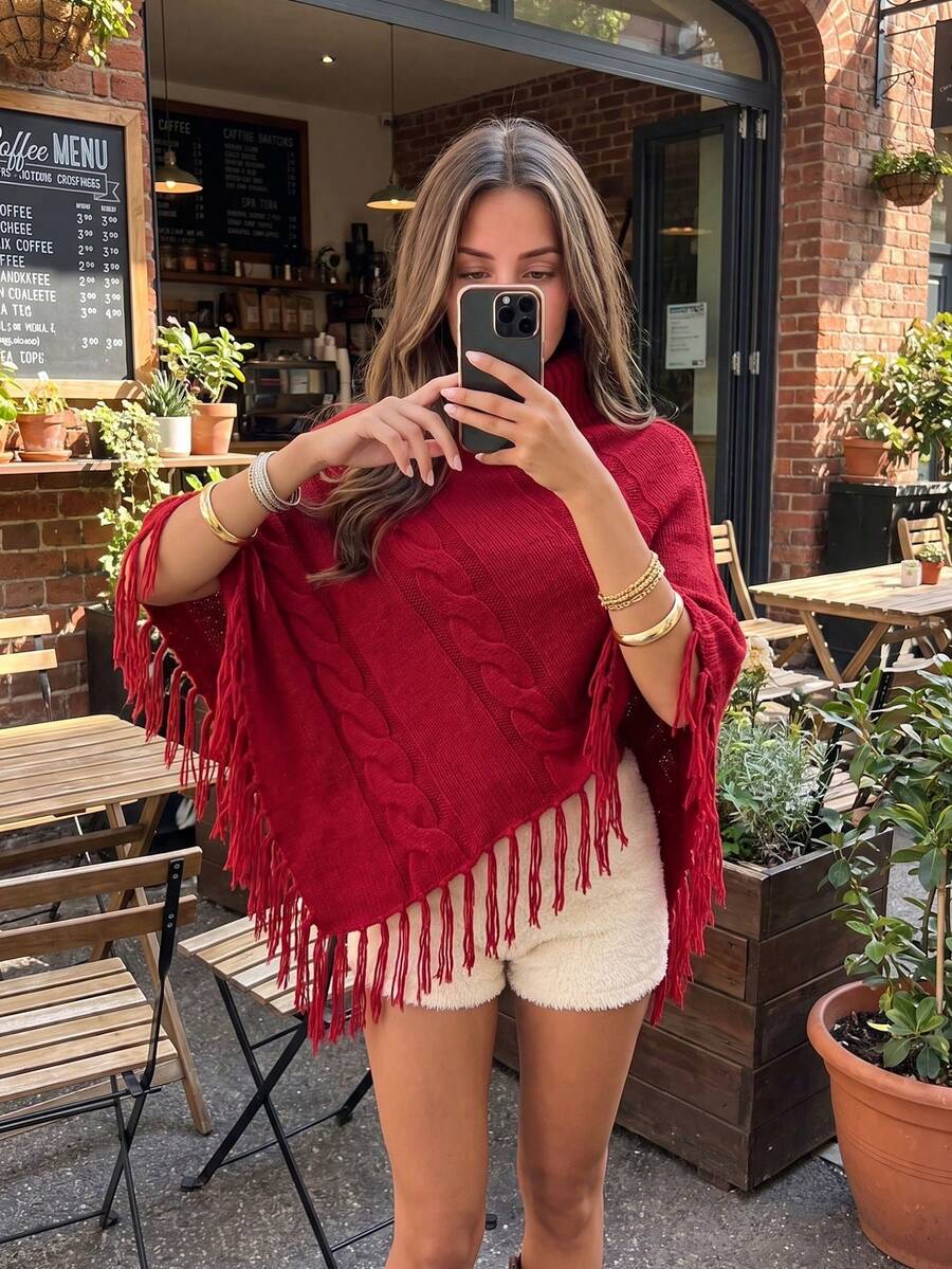 Women's Red Short High Neck Cable Knit Shawl, Tassel Decor, Asymmetrical Hem Short Sleeve Pullover Sweater, Street Fashion Essential - Red - View 1