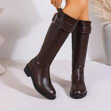 Women's Round Toe Metal Buckle High Shaft Boots With Side Zipper, Chunky Heel, Knee-High, Minimalist Versatile Commuter Boots For Autumn/Winter - Brown - View 4