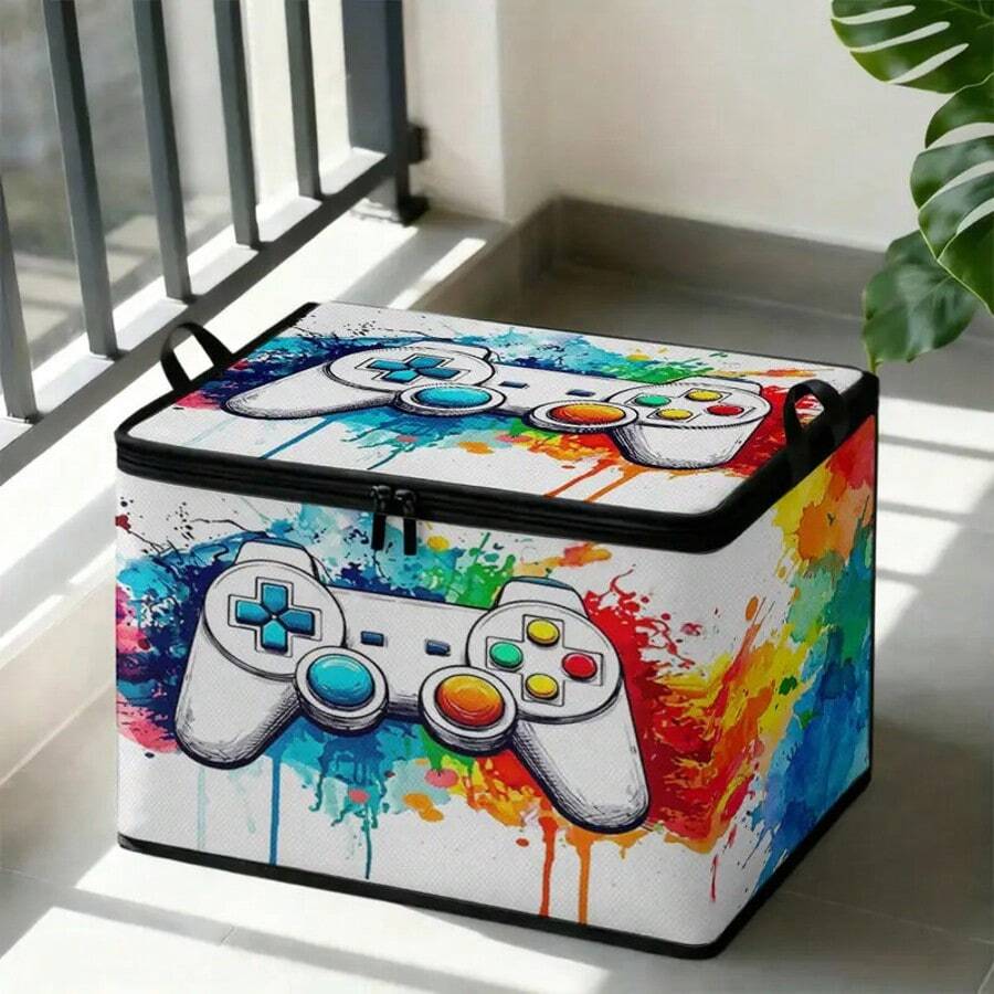 1PC Game Controller Graffiti Print Storage Bin With Handles, Large Capacity Organizer Box With Sturdy Zipper, Ideal For Closet, Under Bed And Moving Storage - Multicolor - View 1