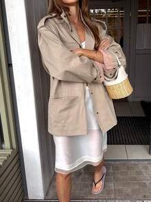 Fashionable Women's Long Sleeve Khaki Stand Collar Button-Up Cardigan Jacket, Mid-Length Woven Coat, Essential For Spring And Autumn - Khaki - View 2