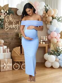 JustVH Maternity Mesh Off Shoulder Elegant Summer Sleeveless Dress For Baby Shower Photoshoot Spring Fall - Baby Blue - View 1