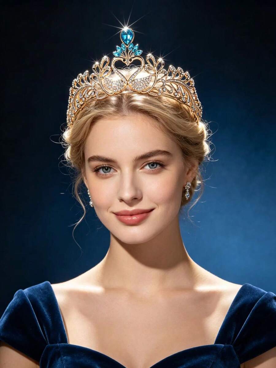 1件女款時尚公主風3D皇冠甜美奢華水鑽生日髮飾髮箍 - 44045湖藍色 - 查看 1