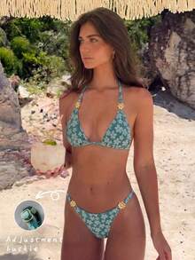 Bikinx Women's Floral Pattern Cute Halter Tie Bikini Set, Adjustable Waist, Suitable For Summer Vacation Wear - Green - View 2