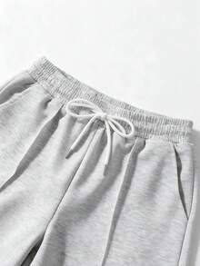 女款黑色高腰抽繩寬腿運動長褲，寬鬆垂墜顯瘦直筒休閒長褲，拖地褲長，辣妹風 - 淺灰色 - 查看 5