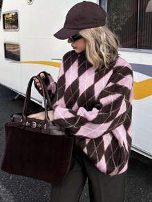 Women's Diamond Check Contrast Color Drop Shoulder Long Sleeve Loose Sweater - Medium Powder - View 1
