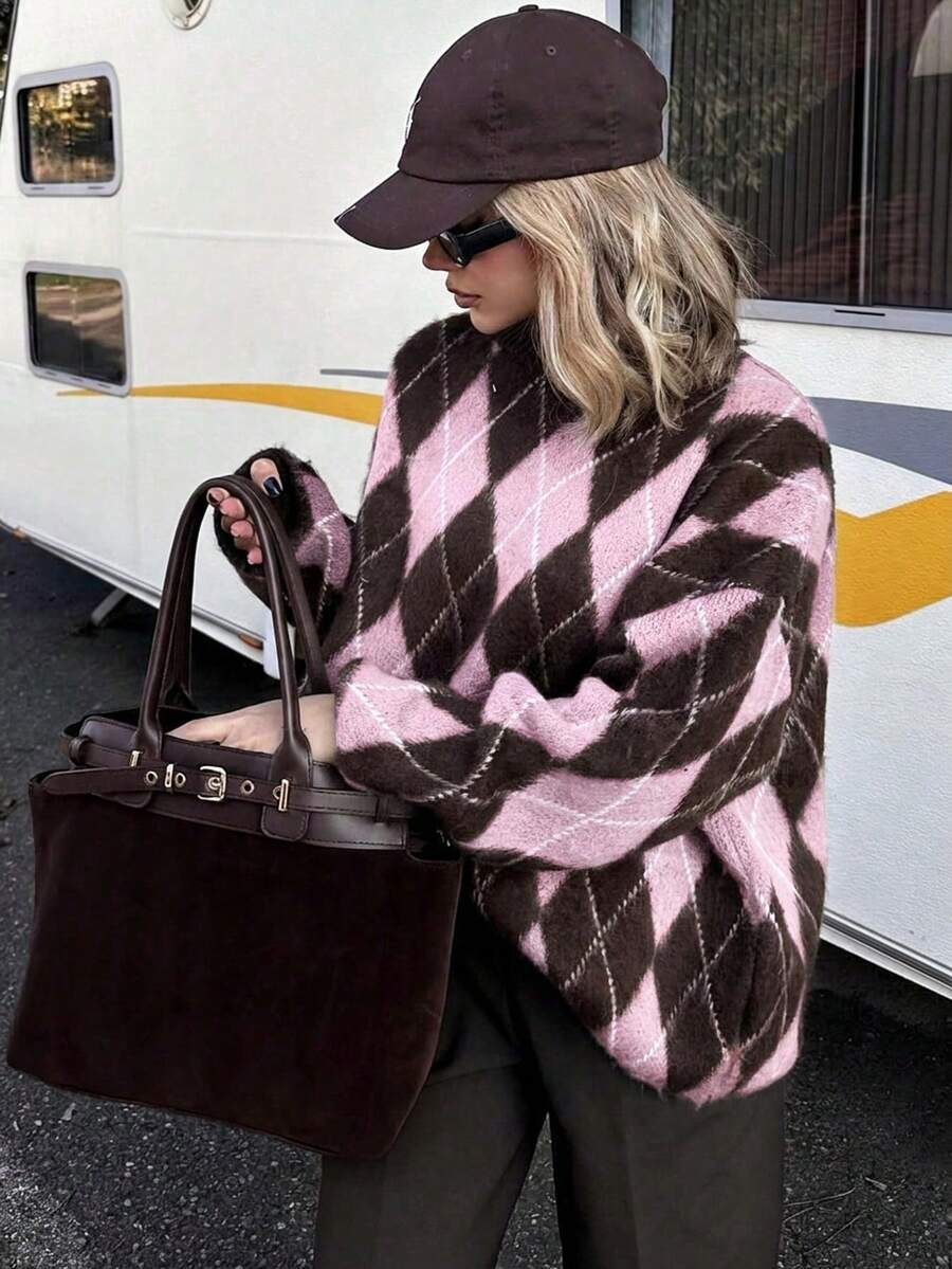 Women's Diamond Check Contrast Color Drop Shoulder Long Sleeve Loose Sweater - Medium Powder - View 1