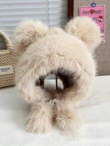 1pc Bear Plush Ear Flap Hat, Thick Warm Winter Headwear For Women, Cute Simple Solid Color Knit Cap, Suitable For Outdoor Wear - Multicolor - View 10