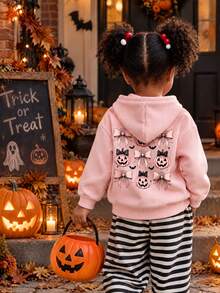 Infant Girls Halloween Pattern Hooded Sweatshirt, Cute Pumpkin Bow Spider Web Bat Print Long Sleeve Pullover Sweatshirt, Suitable For Autumn Daily Wear - Pink - View 2