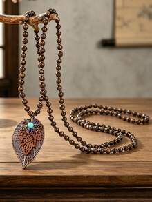 1pc Bohemian Long Beaded Sweater Necklace, Vintage Leaf Shaped Turquoise Pendant Women's Personalized Jewelry - Brown - View 1
