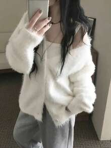 Soft Fluffy V-Neck Cardigan Sweater, Loose Fit Slimming Knit Open Front Jacket - White - View 10