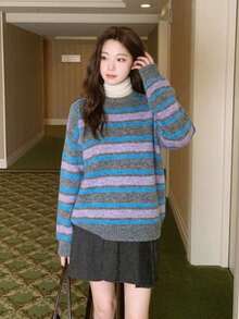 Sweater Pullover Bergaris Warna-warni Wanita Lengan Panjang Rajut Rib untuk Pakaian Sehari-hari Musim Gugur, Kain Lembut dan Elastis - Purple - View 2