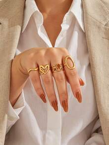4pcs Stainless Steel Gold Fashion Elegant Luxury Geometric Oval Heart Line Ring Set Suitable For Women Daily Holiday Date Wear - Multicolor - View 8