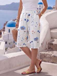 Jisfaneya Women's (Random-Print) Drawstring Elastic Waist Casual Cropped Pants Vacation White Summer - White - View 3