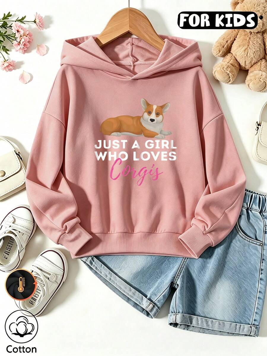 Tween Girls Cute Corgi Dog Letter Print Sweatshirt, Casual Long Sleeve Hooded Pullover - Nude Pink - View 1