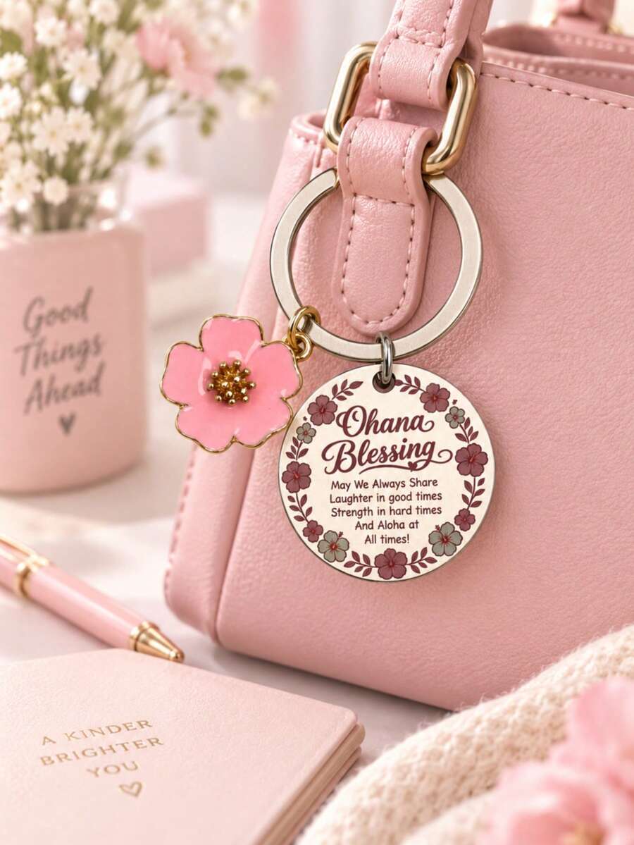 Pink Flower Ohana Keychain Aloha Blessing Family Keepsake Bag Charm