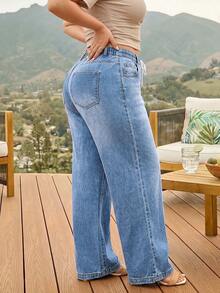 Plus Size Women's Straight Leg Jeans, High Waist Drawstring Loose Fit, Casual Autumn Outfit, Suitable For Dating, Dancing, Vacation And Party - Blue - View 2
