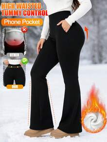 Women's Thermal Warm Thick Winter Pants Trousers Pocket Bell Bottom Flared Pants Tummy Control High Waisted Leggings Christmas - Black - View 4