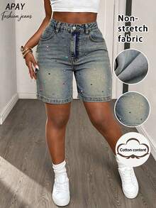 Retro Denim Rhinestone Embellished Loose Straight Versatile Denim Shorts Casual Summer - Nostalgic Color - View 2