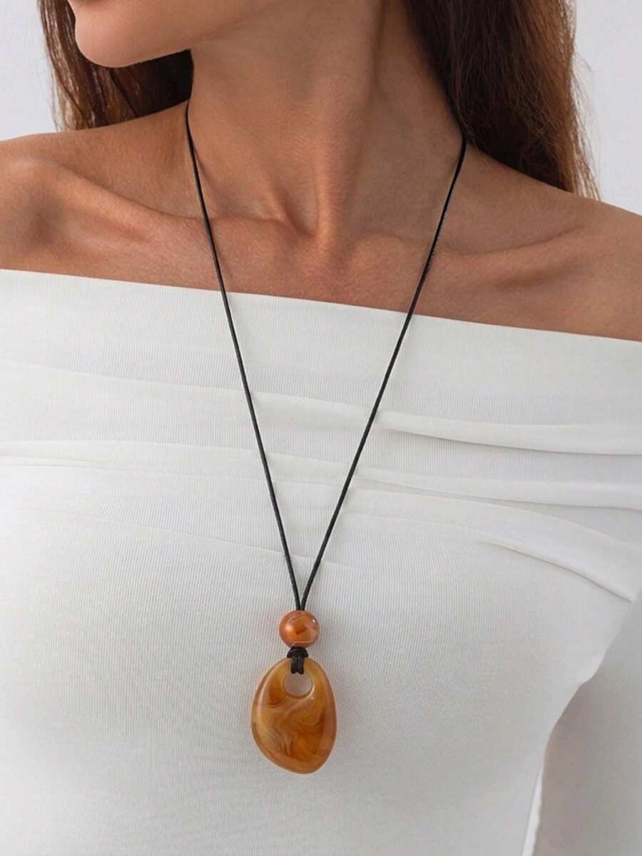 1pc Vintage Creative Fashion Hollow Resin Tie-Dye Water Drop Pendant Adjustable Pull Rope Sweater Chain Suitable For Women Daily Wear, Wedding, Vacation, Banquet - Brown - View 1
