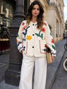 Seelio Autumn New Women's European And American Style Fashion Minimalist Versatile Floral Print Jacket - Beige - View 3
