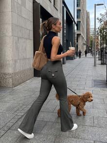 6pecil Women's Grey Flared Yoga Pants, With Button Pockets, V-Waist Hip-Lifting Flared Leg, Ruched Butt-Shaping Fitness Pants, Autumn/Winter Sports Style - Grey - View 9