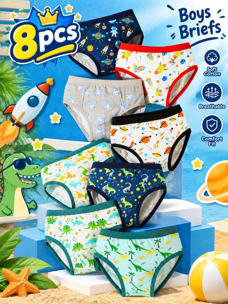8pcs Boys Cartoon Astronaut Dinosaur Print Triangle Underwear, Comfortable Soft All Season Multi-Color Underwear For Big Boys - Multicolor - View 1