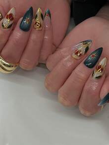 24-Piece Fall/Winter Y2K Acrylic Nail Sets With Hand-Painted Roses, Gradient Red, Diamonds, And Starburst DesignsPerfect For Women To Maximize Their Photo-Ready Look And Easy To Pair With Any Outfit - Multicolor - View 1
