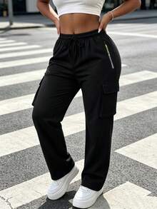 Women's Black Basic Outdoor Sports Cargo Pants, New Autumn Streetwear Casual Long Pants With Large Pockets, Zipper Pockets, Elastic Waistband And Drawstring Design - Black - View 2
