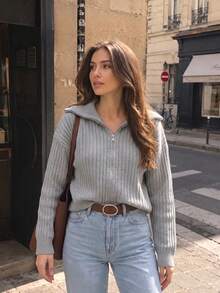 Women's Solid Color Stand Collar Zipper Casual Daily Knit Top - Grey - View 3