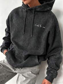 Men's C'est La Vie Slogan Hoodie, Minimalist Loose Fit Washed Pullover Sweatshirt - Black - View 6