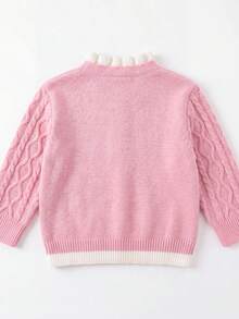 Korean Style Sweet Girl Cable Knit Cardigan, Pink 3D Cable Knit V-Neck Front Opening, White Wavy Ruffle Collar Inner Layer, 2-In-1 Design, Ribbed Cuffs Long Sleeve, Soft Gentle Outdoor Sweater For Baby And Toddler - Pink - View 2