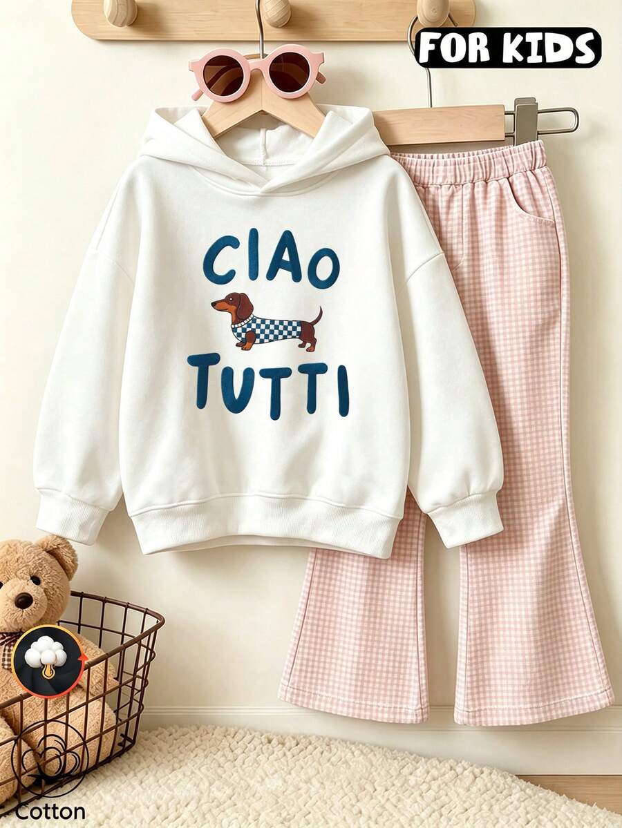Girls Cartoon Dachshund Letter Print Hooded Sweatshirt, Casual Long Sleeve Pullover Sweatshirt - White - View 1
