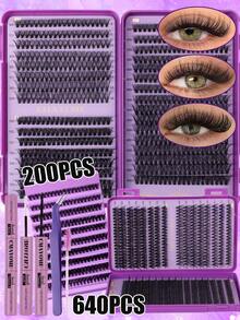 640/624/576pcs D-Curl Large Capacity False Eyelashes, Includes Glue, Sealer, Tweezers, Brush, DIY Eyelash Extension Kit, Suitable For Beginners, Easy To Use, Soft And Natural, Fluffy And Dense, Suitable For Different Eye Shapes And Makeup, High Capacity Eyelashes - Purple - View 12
