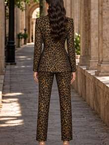 Women 2 Pcs Elegant Leopard Print Long Sleeve Slim Fit Blazer & Straight Leg Pants For Office Business Meeting Wedding Guest Date Cocktail Party - Brown - View 7