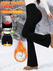 Women's Thermal Warm Thick Winter Pants Trousers Pocket Bell Bottom Flared Pants Tummy Control High Waisted Leggings Christmas - Black - View 6
