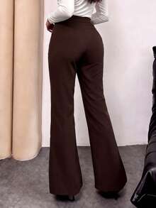 Women's Autumn Coffee Brown Flared Long Pants, Minimalist Elegant Daily Commute Date Pants - Coffee Brown - View 2