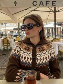 Fair Isle Pattern Button Front Sweater Cardigan, V Neck, Long Sleeve, Brown Knit, Cropped Fit, Vintage Fall/Winter Layer With Nordic Charm - Multicolor - View 5