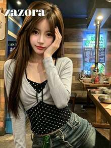 Women's Long Sleeve T-Shirt Base Layer, Slim Fit 2 In 1 Polka Dot Mesh Semi-Sheer Unique Top, Autumn - Light Grey - View 4