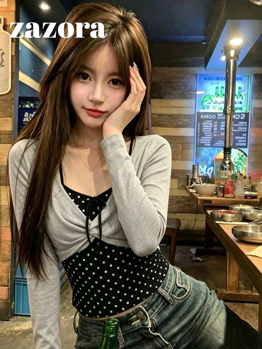 Women's Long Sleeve T-Shirt Base Layer, Slim Fit 2 In 1 Polka Dot Mesh Semi-Sheer Unique Top, Autumn - Light Grey - View 1