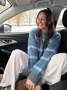 女款彩色條紋套頭針織衫 長袖羅紋針織上衣 秋季日常穿著 柔軟高彈力面料 - 紫色 - 查看 4
