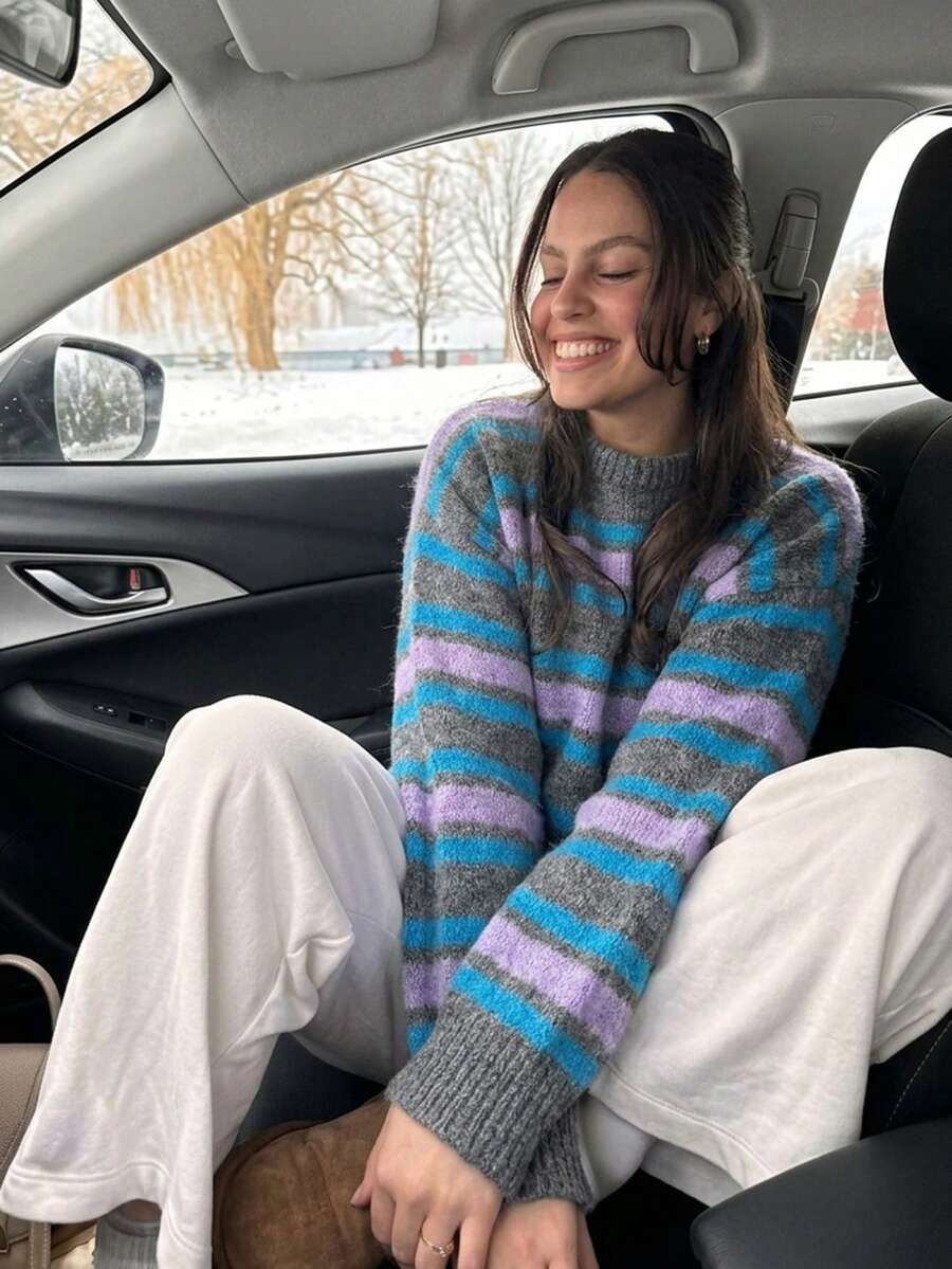 Women's Colorful Striped Pullover Sweater Long Sleeve Rib-Knit Top For Fall Daily Wear Soft High Stretch Fabric - Purple - View 1