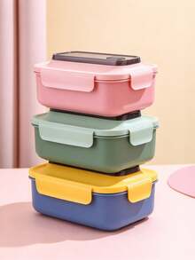 1pc Lunch Box, Square 3-Compartment Bento Box With Utensils, Portable Leak-Proof Sealed Lunch Box, Square Microwave , Suitable For Students And Office Workers Back To School - Multicolor - View 4