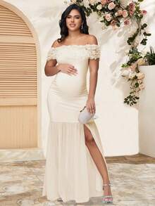 JustVH Maternity Floral Cold Shoulder Dress, Elegant Chiffon Slit Hem Gown, Suitable For Baby Shower Photos - Apricot - View 6