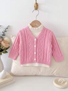 Korean Style Sweet Girl Cable Knit Cardigan, Pink 3D Cable Knit V-Neck Front Opening, White Wavy Ruffle Collar Inner Layer, 2-In-1 Design, Ribbed Cuffs Long Sleeve, Soft Gentle Outdoor Sweater For Baby And Toddler - Pink - View 1