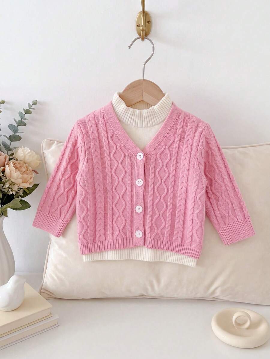 Korean Style Sweet Girl Cable Knit Cardigan, Pink 3D Cable Knit V-Neck Front Opening, White Wavy Ruffle Collar Inner Layer, 2-In-1 Design, Ribbed Cuffs Long Sleeve, Soft Gentle Outdoor Sweater For Baby And Toddler - Pink - View 1