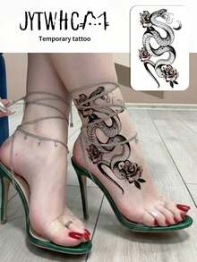 Waterproof Temporary Transfer Tattoo,1pc Water Transfer Paper, Dark Gothic Style, Coiled Snake, Rose & Crescent Moon Pattern, Delicate Line Details, Long Lasting Fake Tattoo Stickers, Body Art Decals For Women, Suitable For Waist, Abdomen, Hip, Arm - Black - View 2