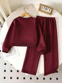 Tween Girl Bow & Letter Print Crew Neck Sweatshirt And Bow Decor Long Pants - Burgundy - View 2
