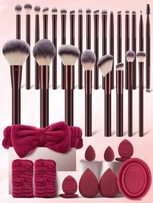 37Pcs Wine Red Makeup Brushes Beauty Sponges Triangle Puff Makeup Brush Cleaning Bowl Bow Headband Professional Makeup Tool Set For Foundation Blush Eyeshadow - Burgundy - View 1