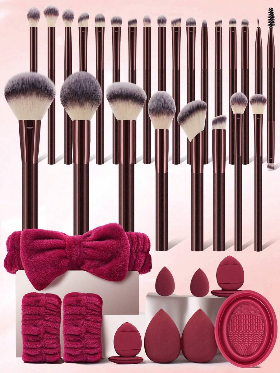 37Pcs Wine Red Makeup Brushes Beauty Sponges Triangle Puff Makeup Brush Cleaning Bowl Bow Headband Professional Makeup Tool Set For Foundation Blush Eyeshadow - Burgundy - View 1